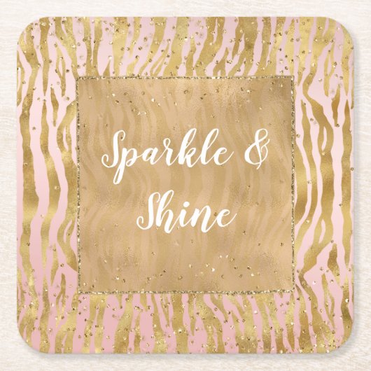 Roze Gouden Glitz Sparkle Zebra Print Kartonnen Onderzetters (Voorkant)