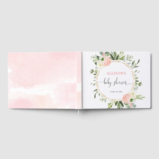Roze gouden groen bloemenmeisje baby shower gastenboek (Volledig)