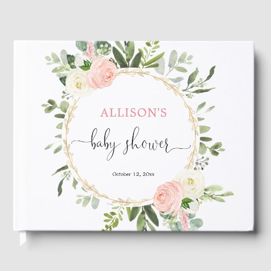 Roze gouden groen bloemenmeisje baby shower gastenboek (Voorkant)