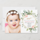 Roze gouden groen elegant meisje 1e verjaardag fot kaart (Voorkant)