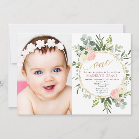 Roze gouden groen elegant meisje 1e verjaardag fot kaart (Voorkant)