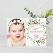 Roze gouden groen elegant meisje 1e verjaardag fot kaart (Staand voorkant)