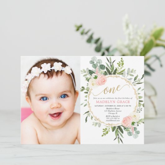 Roze gouden groen elegant meisje 1e verjaardag fot kaart (Staand voorkant)