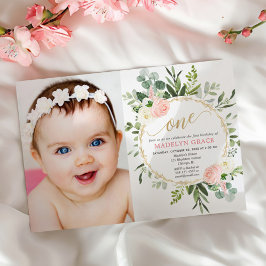 Roze gouden groen elegant meisje 1e verjaardag fot kaart