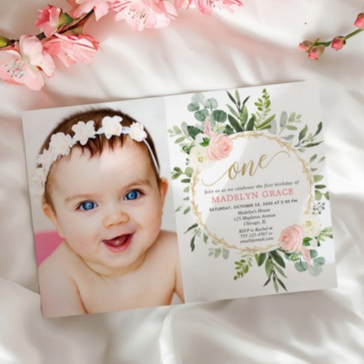 Roze gouden groen elegant meisje 1e verjaardag fot kaart