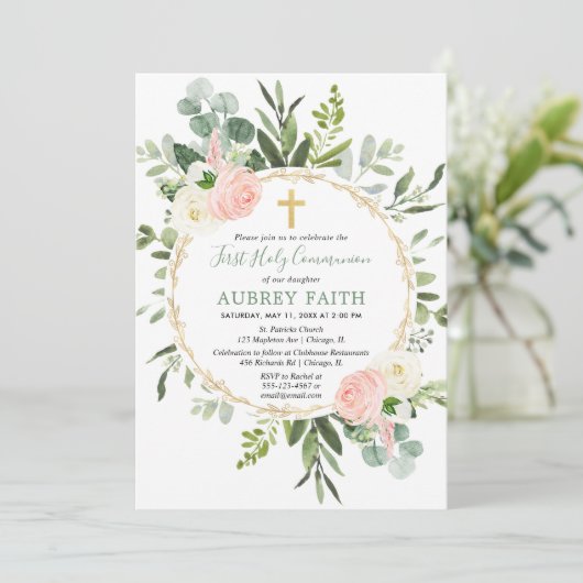 Roze gouden groen eucalyptus Eerste Heilige Commun Kaart (Staand voorkant)