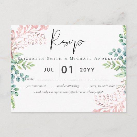 Roze Gouden Groene Huwelijks RSVP MENU (Voorkant)