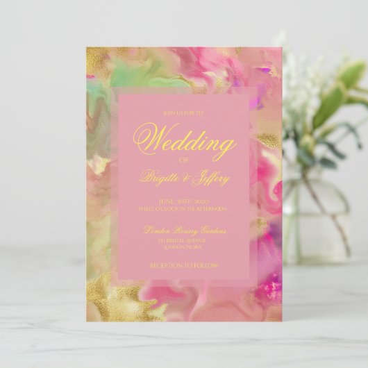 Roze, gouden, groene inkttrouwuitnodigingen save the date (Staand voorkant)