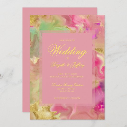 Roze, gouden, groene inkttrouwuitnodigingen save the date (Voorkant / Achterkant)
