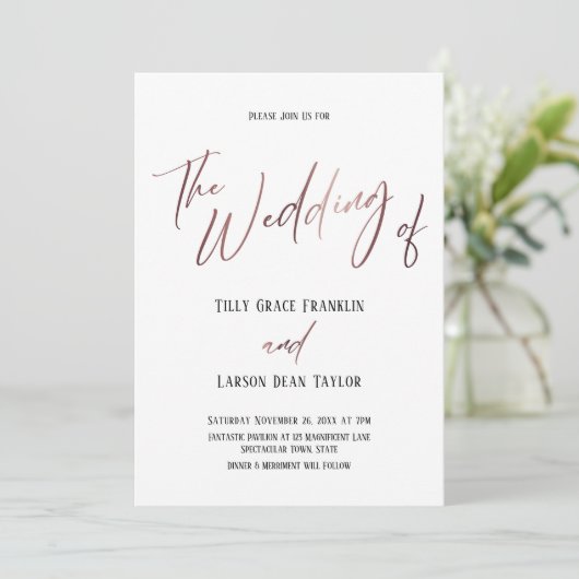 Roze Gouden Handgeschrift Simpel Trouwen Van Kaart (Staand voorkant)