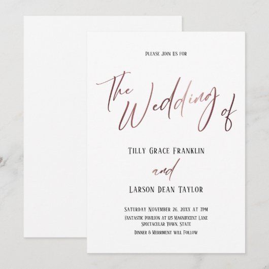 Roze Gouden Handgeschrift Simpel Trouwen Van Kaart (Voorkant / Achterkant)