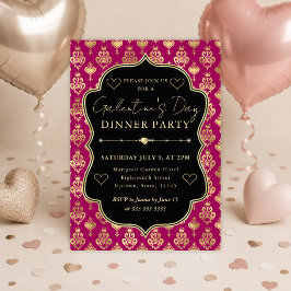 Roze & Gouden Hart Damast Galentine's Dinerfeest Kaart