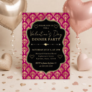Roze & Gouden Hart Damast Valentijnsdinerfeest Kaart