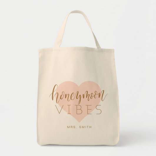 Roze gouden hart en aangepaste script huwelijksrei tote bag (Voorkant)