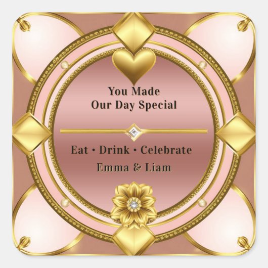 💖 Roze Gouden Hart Koppel Viering 🌸 Vierkante Sticker (Voorkant)