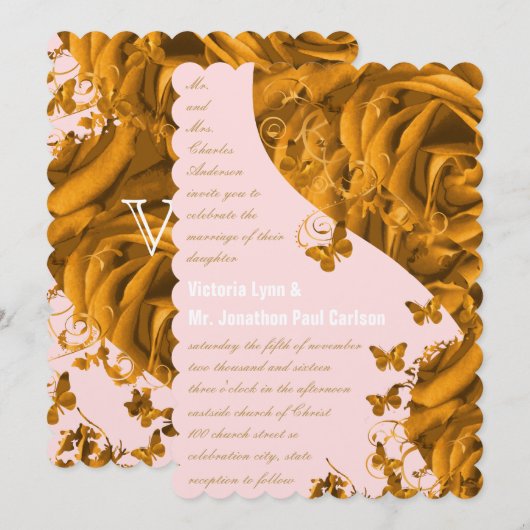 Roze Gouden Harten en Rozen Bruiloft Kaart (Voorkant / Achterkant)