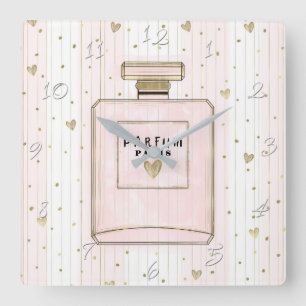 Roze & Gouden Harten Paris Parfum Chic Mode Vierkante Klok