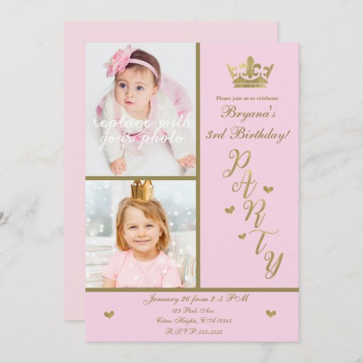 Roze & Gouden Hartjes Prinsessen Kroon 2 Foto Fees Kaart (Voorkant / Achterkant)