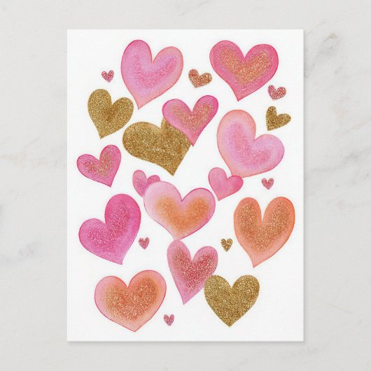 Roze Gouden Hartjes Valentijnsdag Kaart (Voorkant)