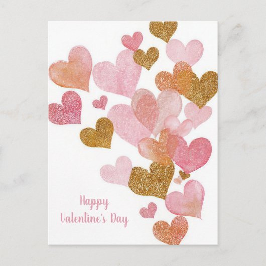 Roze Gouden Hartjes Valentijnsdag Kaart  (Voorkant)