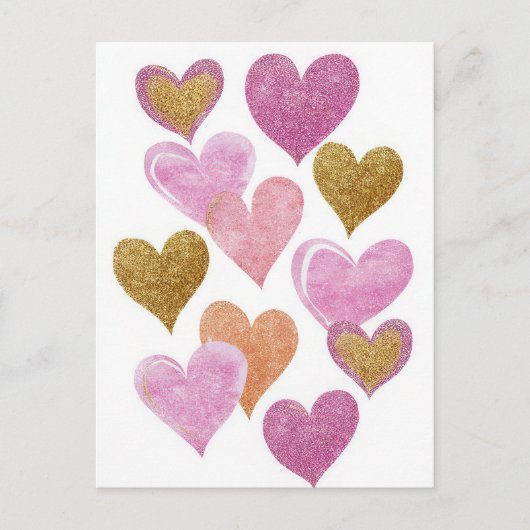 Roze Gouden Hartjes Valentijnsdag Kaart (Voorkant)