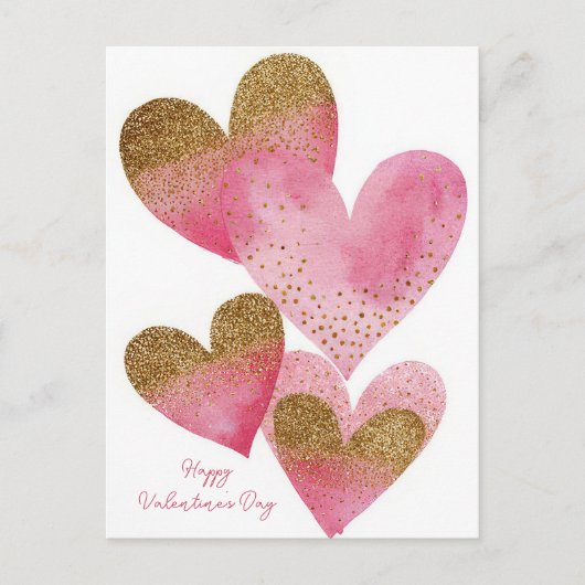 Roze Gouden Hartjes Valentijnsdag Kaart (Voorkant)