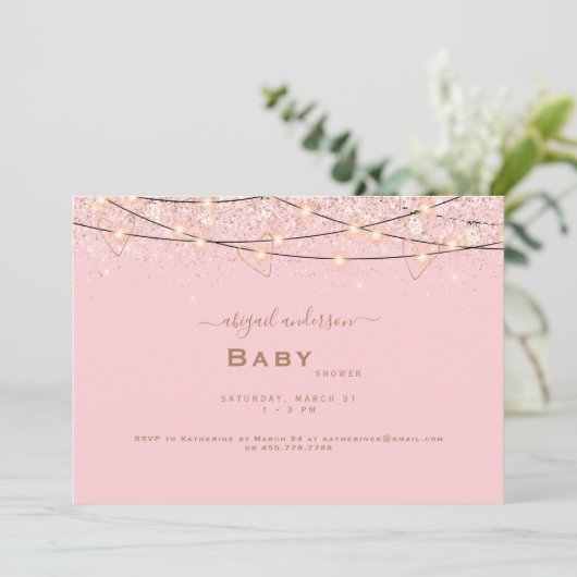 Roze & Gouden Hartlichten Baby shower Kaart (Staand voorkant)
