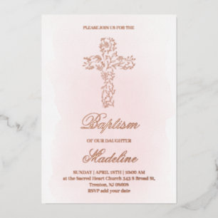Roze Gouden Heilige kruis Doop Folie Uitnodiging