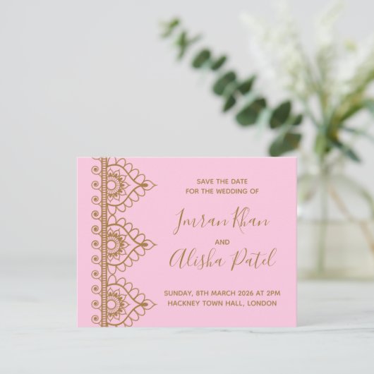 Roze Gouden Henna Desi Indiase Trouw Uitnodiging (Staand voorkant)