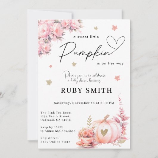 Roze Gouden Herfst Pompoen Bloemen Meisje Baby sho Kaart (Voorkant)