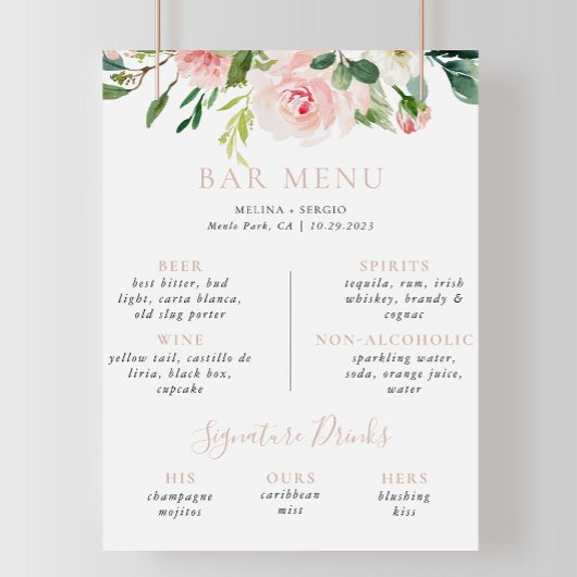 Roze Gouden Herfstbloemen Trouwbar Menu Poster