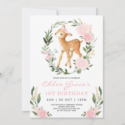 Roze Gouden Herten Eenvoudig Groen Bos Verjaardag Kaart (Voorkant)