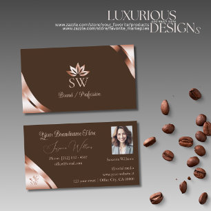 Roze Gouden Hoeken Coffee Bruin met Monogram Foto Visitekaartje
