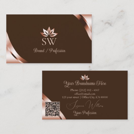 Roze Gouden Hoeken Coffee Bruin Monogram QR Code Visitekaartje (Voorkant / Achterkant)