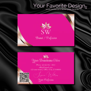 Roze Gouden Hoeken Heet Roze met Monogram QR Code Visitekaartje