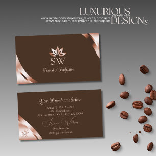 Roze Gouden Hoeken op Koffie Bruin met Monogram Visitekaartje