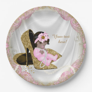 Roze Gouden Hoge Hak Etnisch Meisje Baby Shower Papieren Bordje