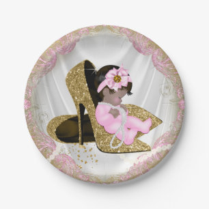 Roze Gouden Hoge Hak Etnisch Meisje Baby Shower Papieren Bordje