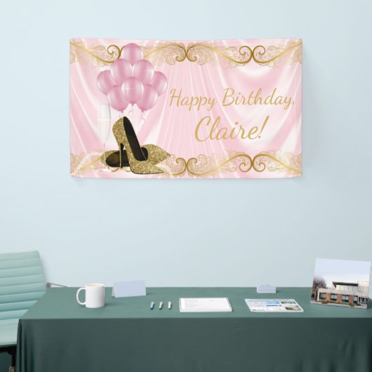 Roze Gouden Hoge Hak Schoen Verjaardag Banner (Beurs)