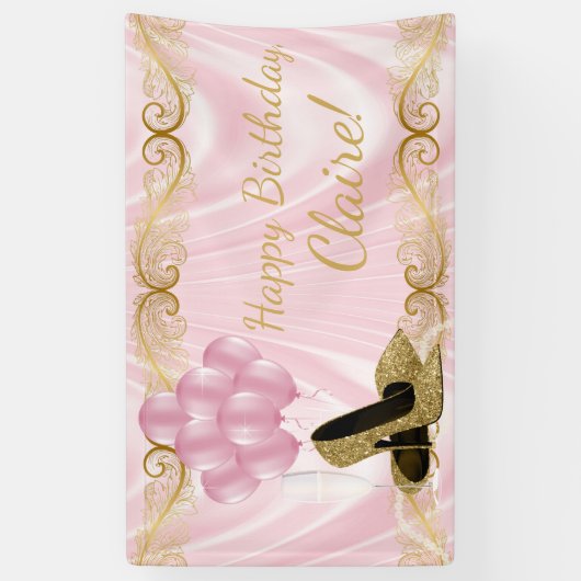 Roze Gouden Hoge Hak Schoen Verjaardag Banner (Verticaal)