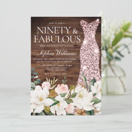 Roze Gouden Jurk Blush Witte Rustieke 90e Verjaard Kaart (Staand voorkant)