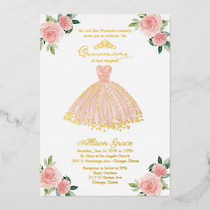 Roze Gouden Jurk Quinceanera Folie Uitnodiging