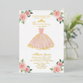 Roze Gouden Jurk Quinceanera Folie Uitnodiging (Staand Voorkant)