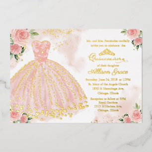 Roze Gouden Jurk Quinceanera Folie Uitnodiging