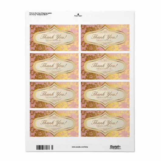 Roze Gouden Kant Cream Bruiloft Label Dank u (Full Sheet)