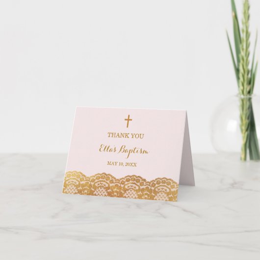Roze Gouden Kant Doop Dankkaart Bedankkaart (Voorkant)