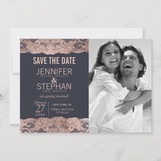 Roze Gouden Kant en Marineblauwe Save the Dates Date (Voorkant)