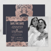 Roze Gouden Kant en Marineblauwe Save the Dates Date (Voorkant / Achterkant)