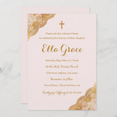 Roze Gouden Kant Meisje Doop Uitnodiging + (Voorkant / Achterkant)