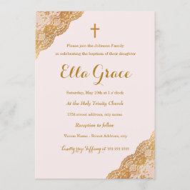 Roze Gouden Kant Meisje Doop Uitnodiging +